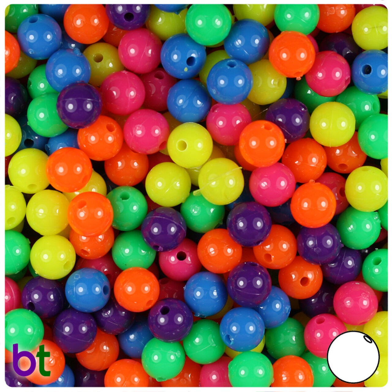 BeadTin Neon Bright Mix 8mm Round Plastic Craft Beads (300pcs)